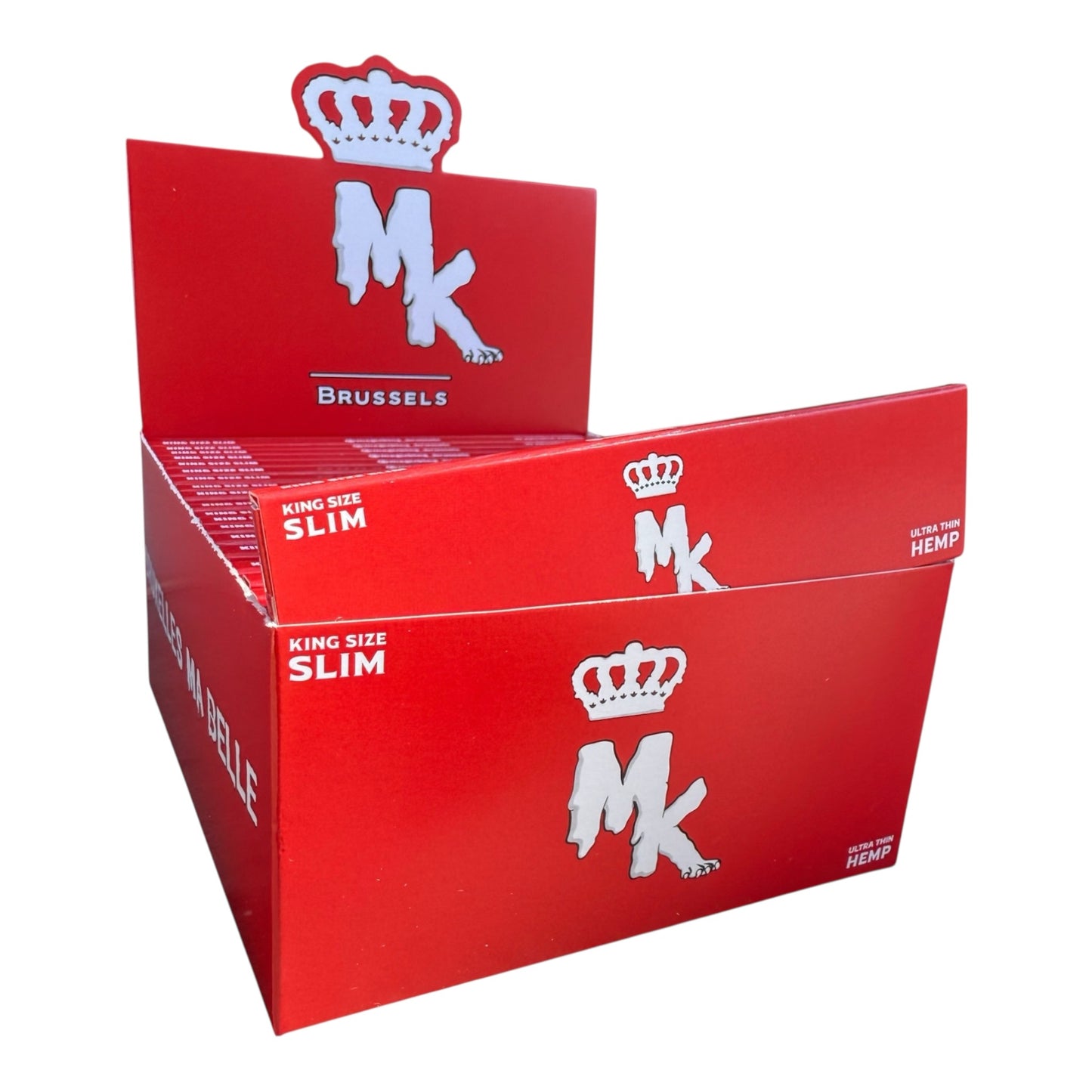 Boîte présentoir de feuilles à rouler chanvre rouge King Size Slim Magic King, design belge artisanal