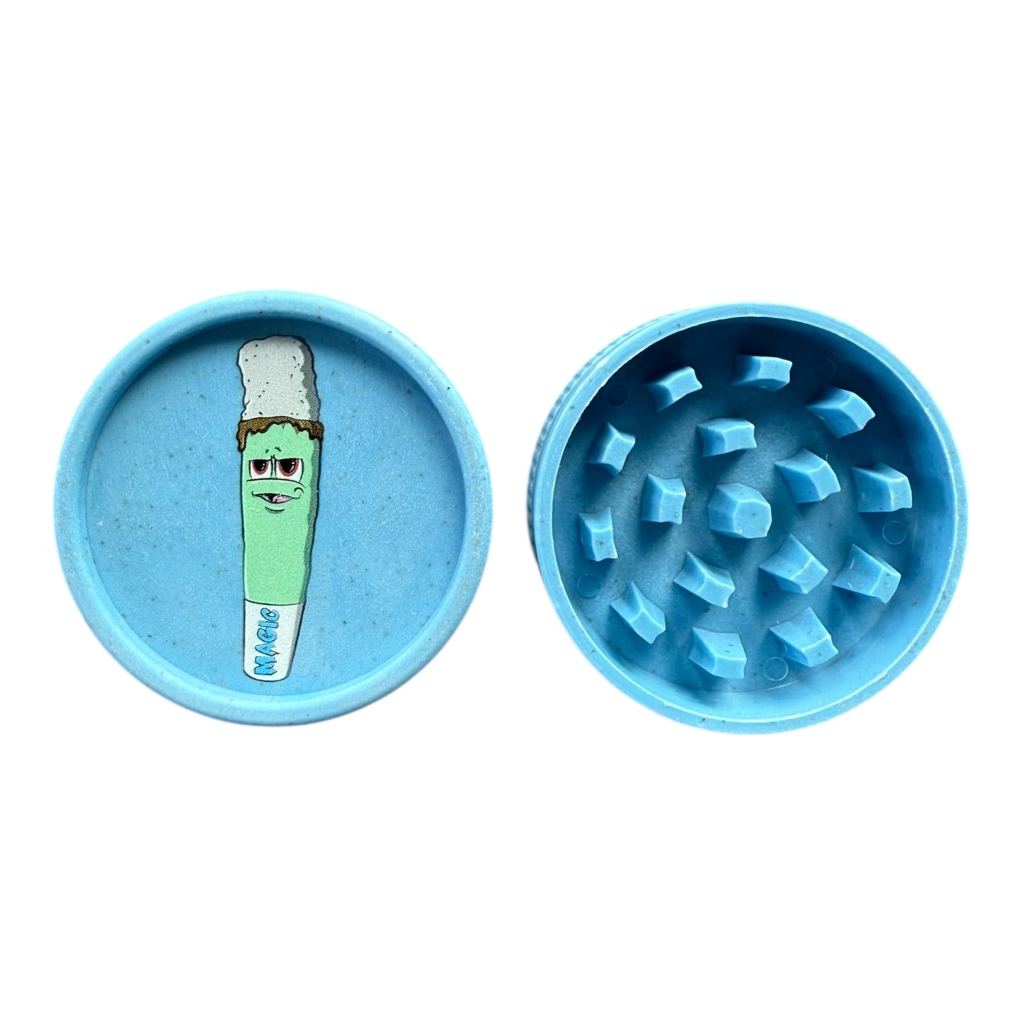 Grinder chanvre bleu Magic King White Ash Gang – vue de face ouvert montrant les dents de broyage