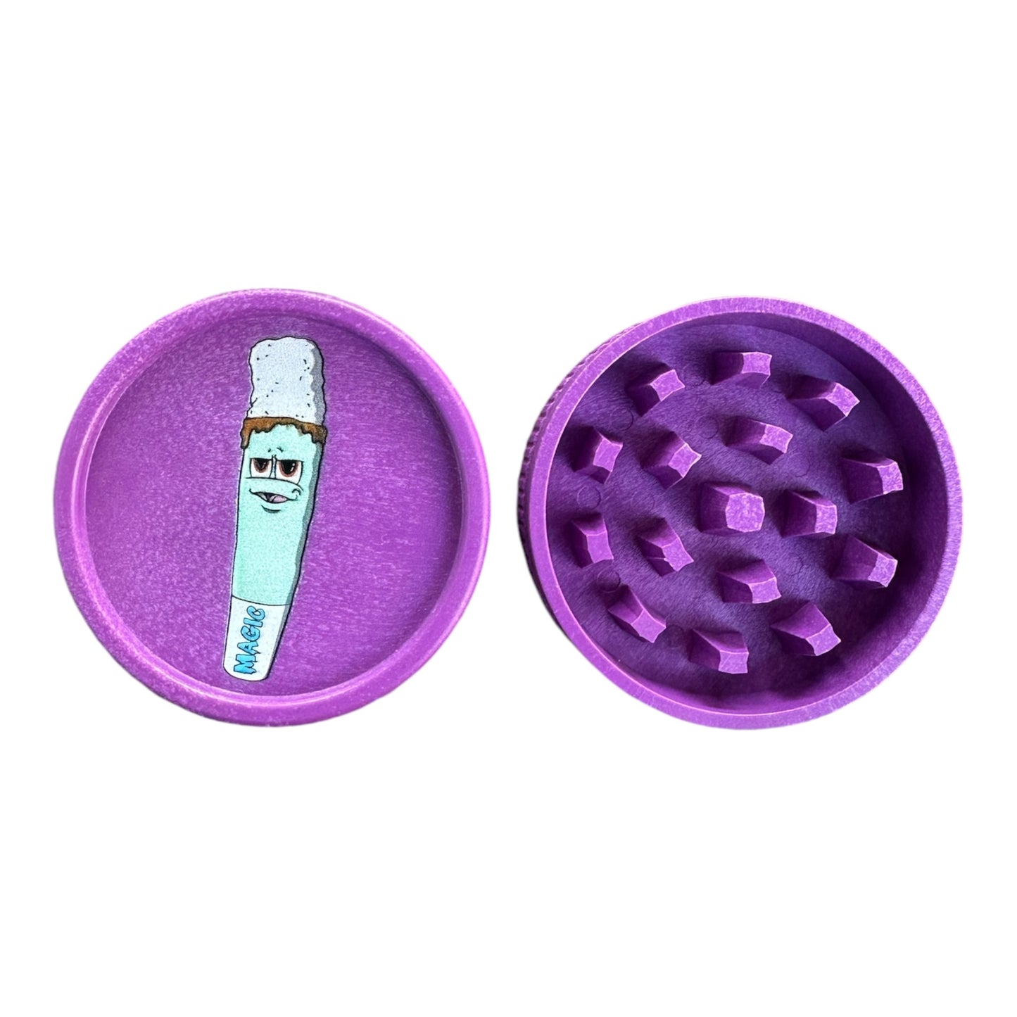 Intérieur du grinder Magic King mauve – vue face ouverte – dents et compartiments visibles