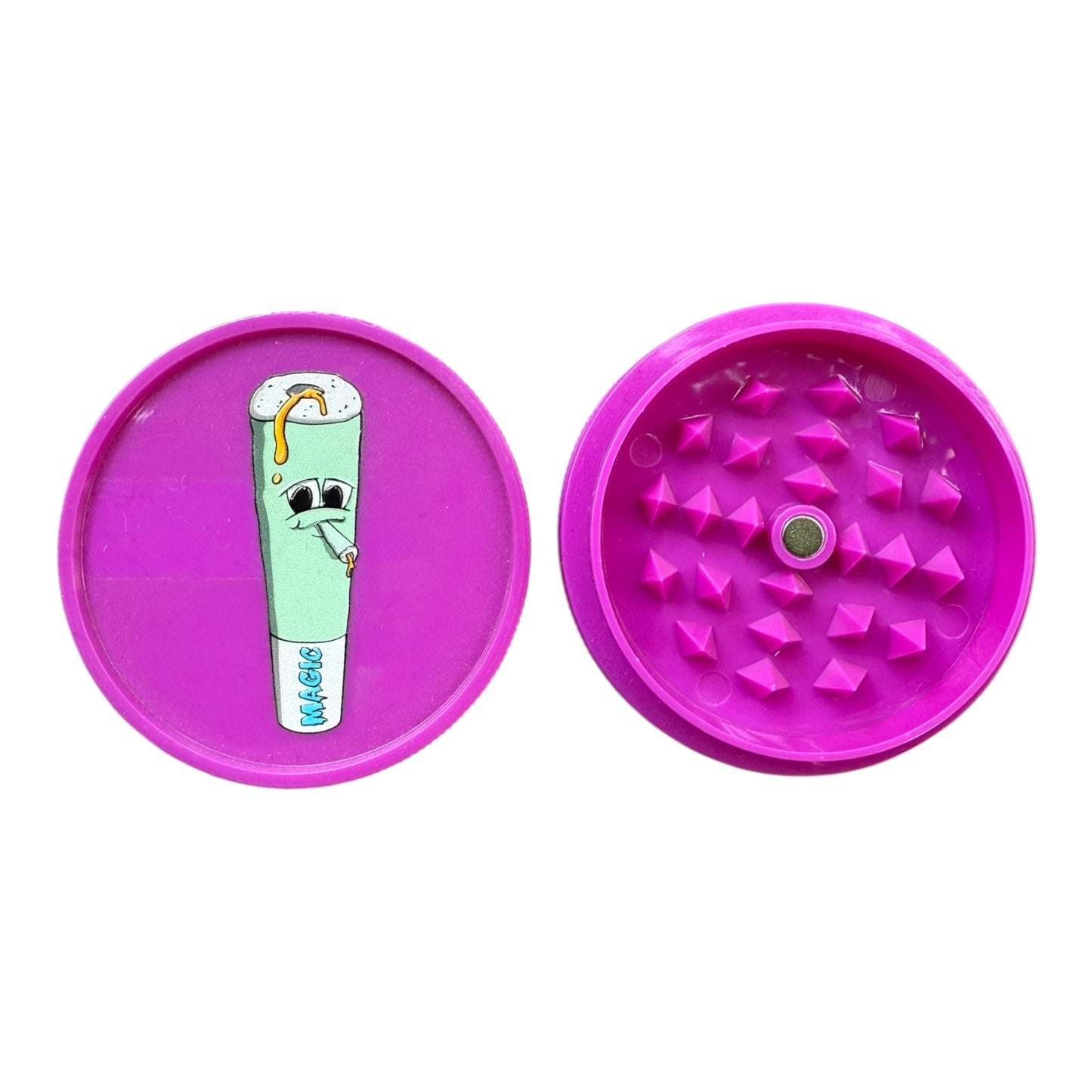 Grinder plastique mauve Magic Donuts, ouvert face avec dents apparentes
