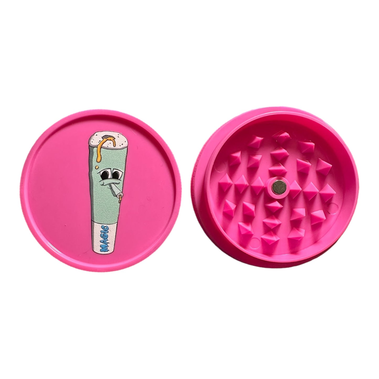 Grinder plastique rose Magic Donuts ouvert, vue intérieure côté face