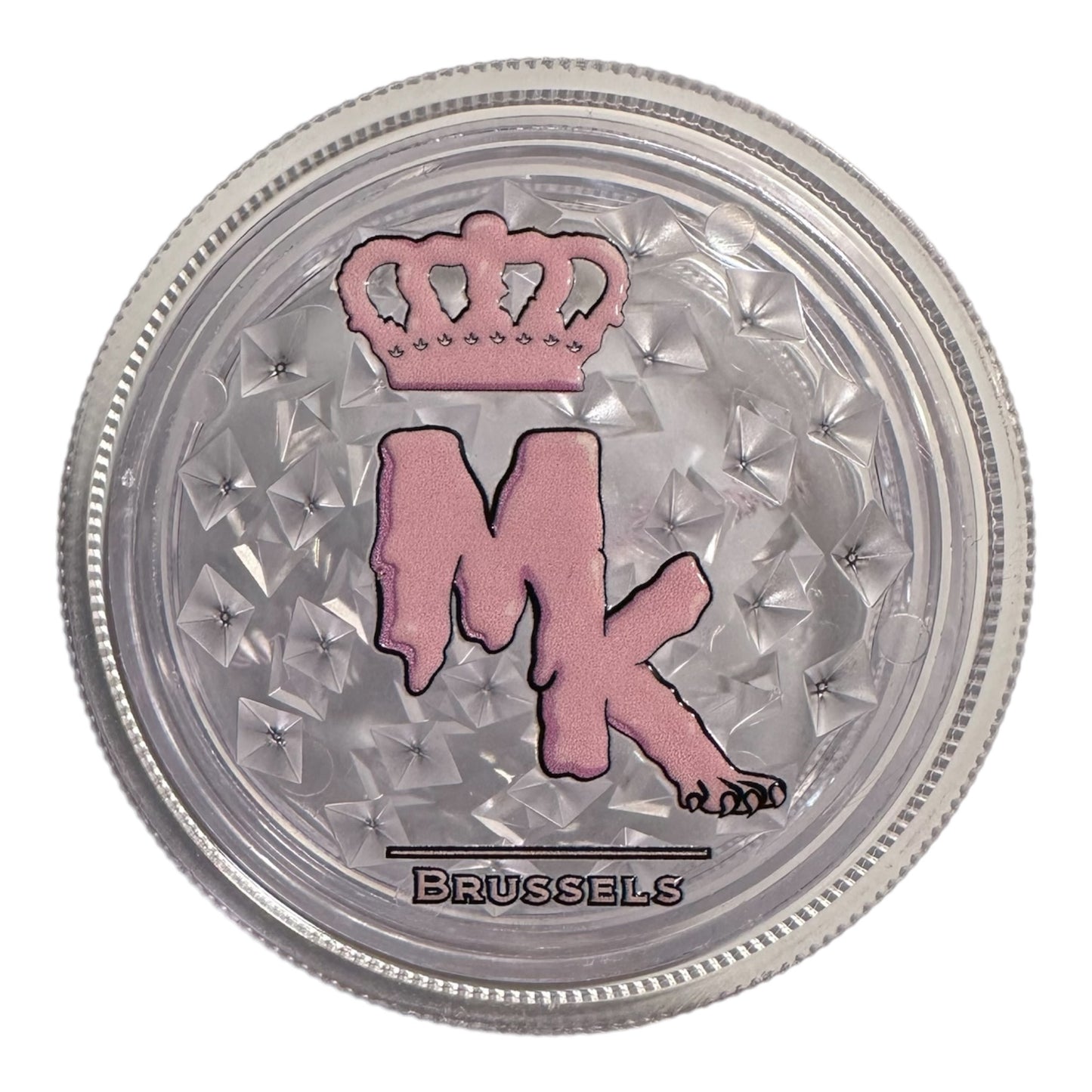 Grinder Magic King en plastique transparent, vue de face, édition MK Brussels
