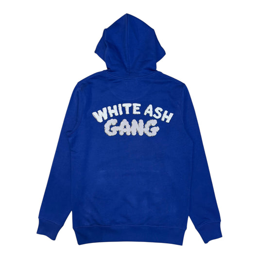 Hoodie Magic King White Ash Gang bleu royal avec logo joint Magic devant et imprimé White Ash Gang dans le dos. Confort et style premium. Design dos.