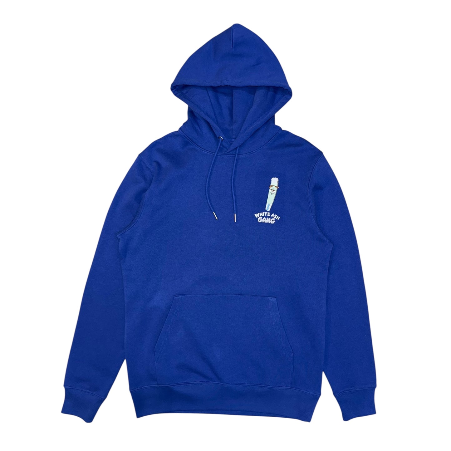Hoodie Magic King White Ash Gang bleu avec logo joint sur le devant et marquage "White Ash Gang" dans le dos. Coupe urbaine, coton premium. Design face.