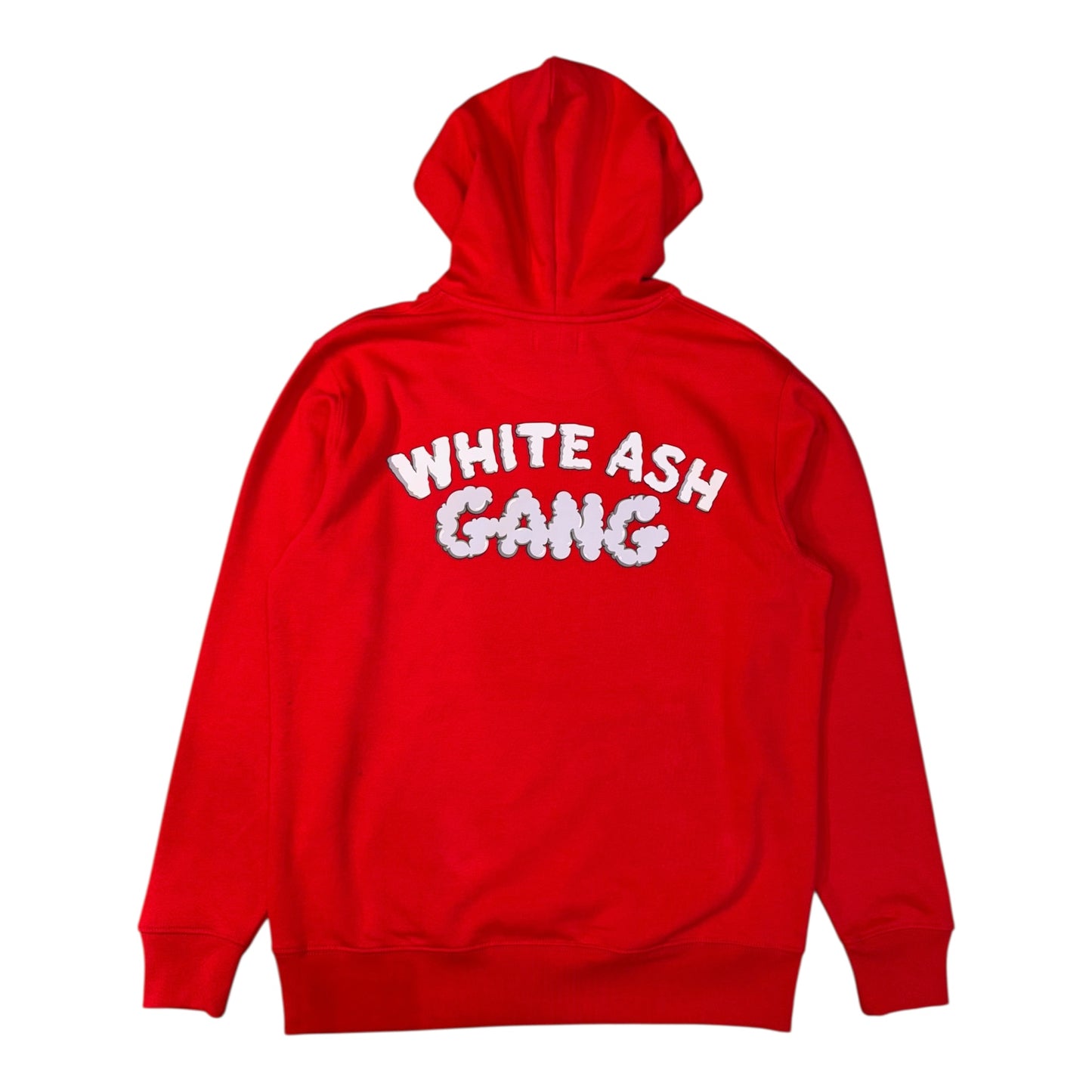 Hoodie Magic King White Ash Gang rouge avec logo joint sur le devant et marquage "White Ash Gang" dans le dos. Coupe urbaine, coton premium. Logo dos.