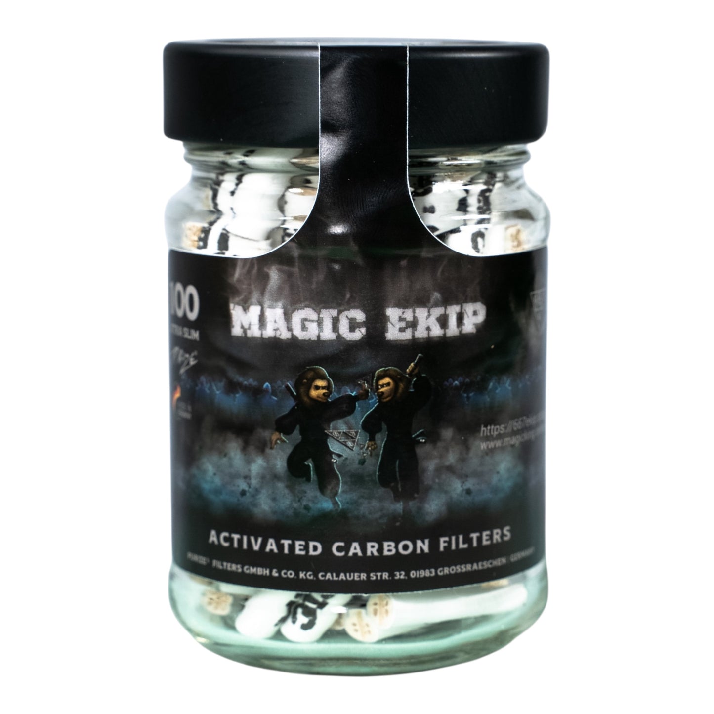 Pot de filtres charbon MK x 667 – Vue de face, édition Purize 5.9 mm avec logo Magic King