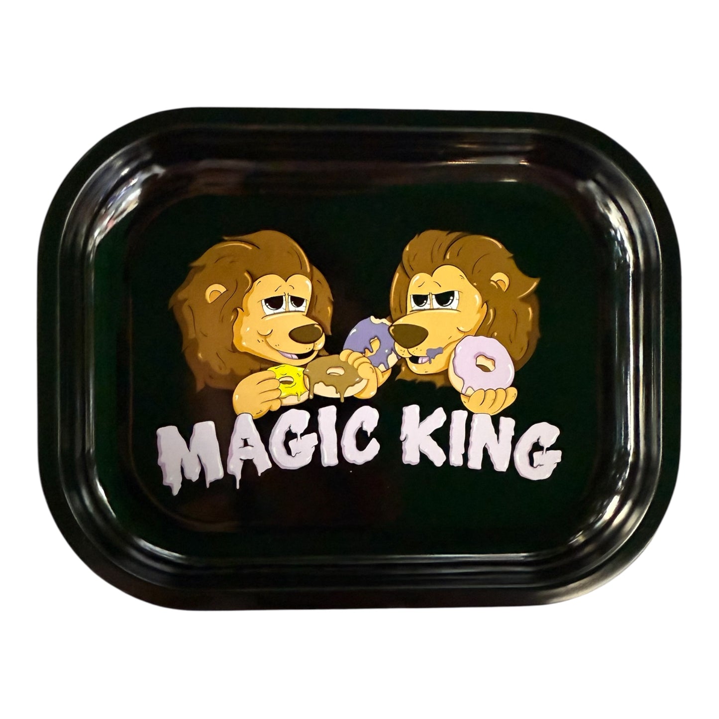 Plateau en métal Magic King Lions Donuts noir, format small, vue de face avec design artistique