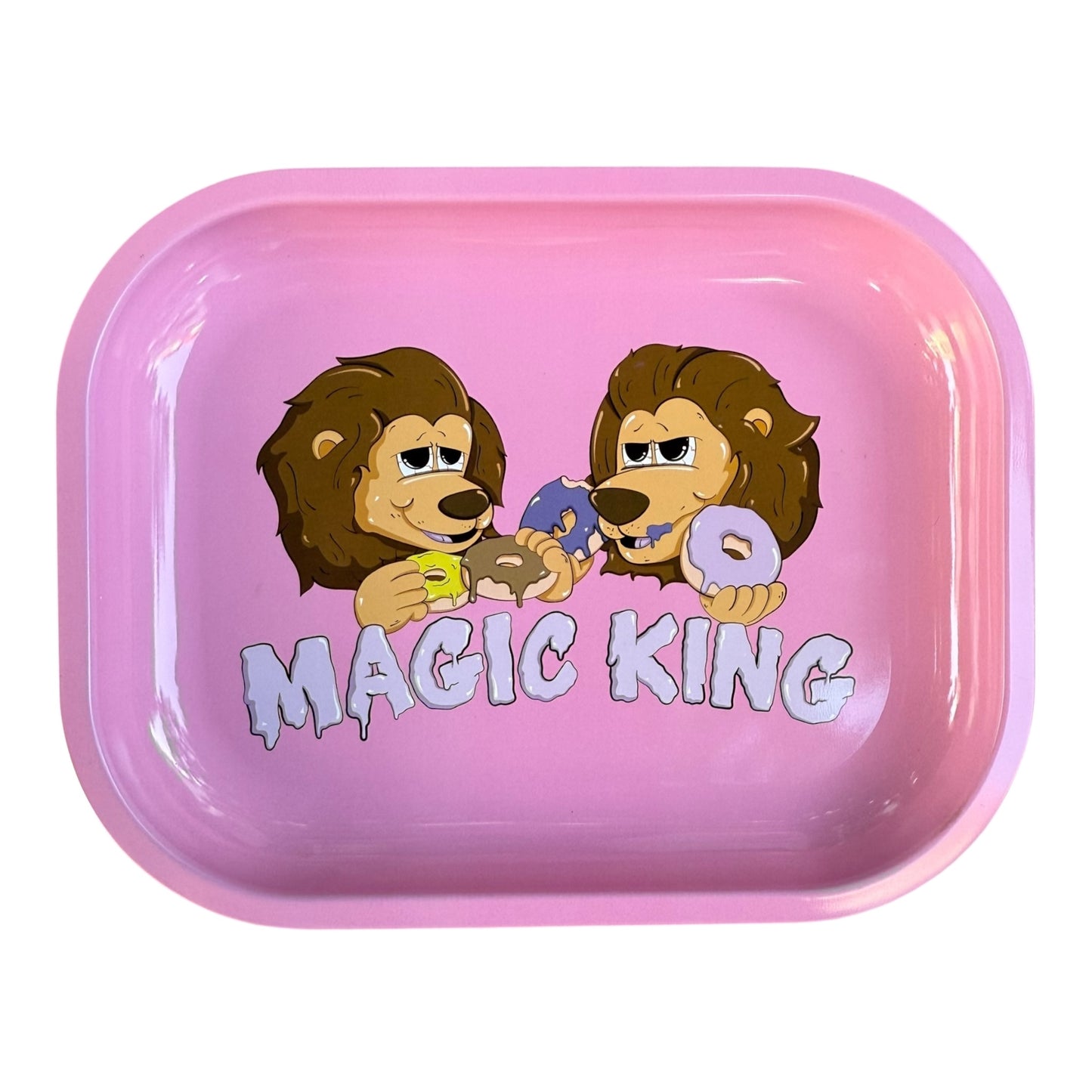 Plateau en métal Magic King Lions Donuts rose, format small, vue de face avec design artistique