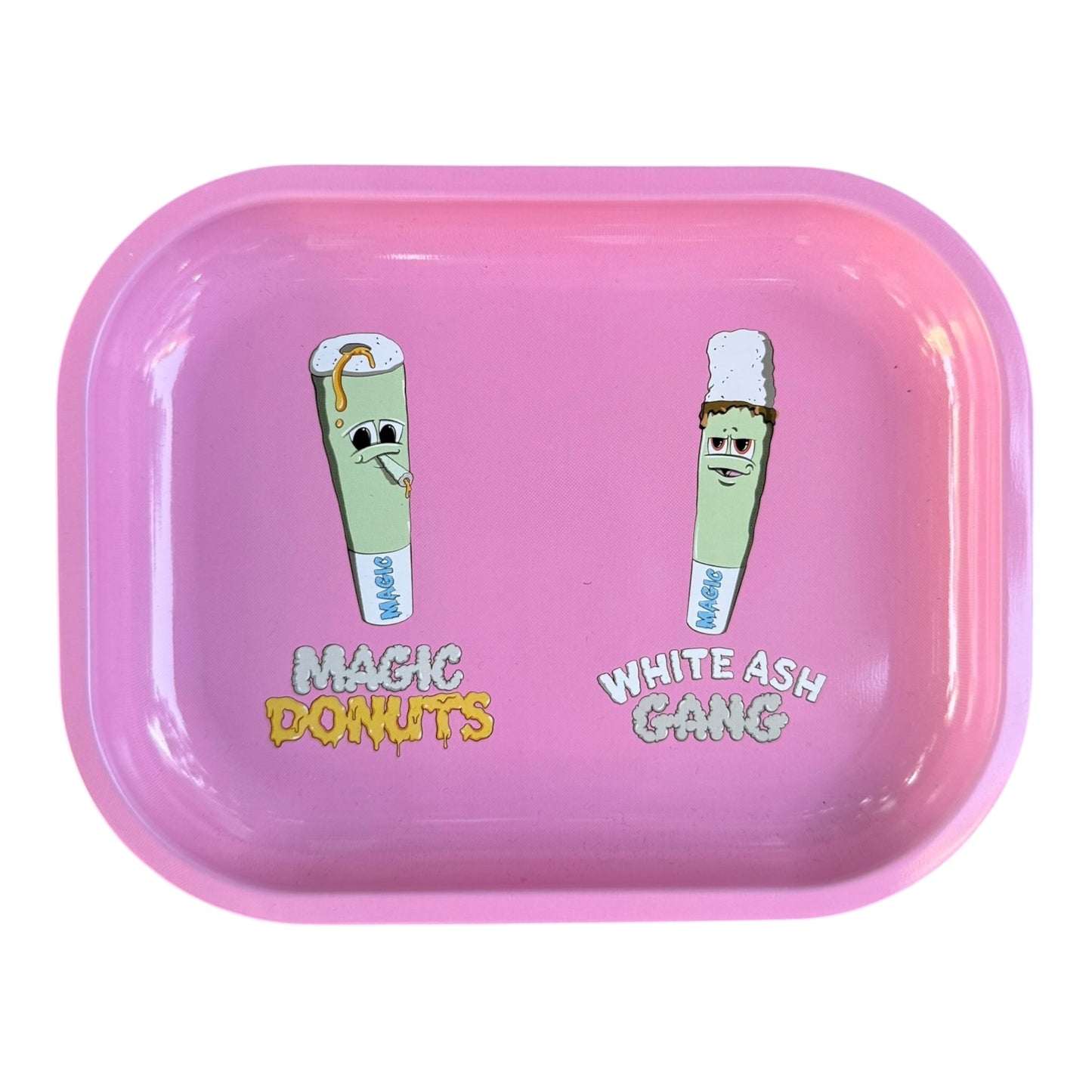 Plateau en métal Magic King rose, format small, design Magic Donuts vs White Ash Gang, vue de face
