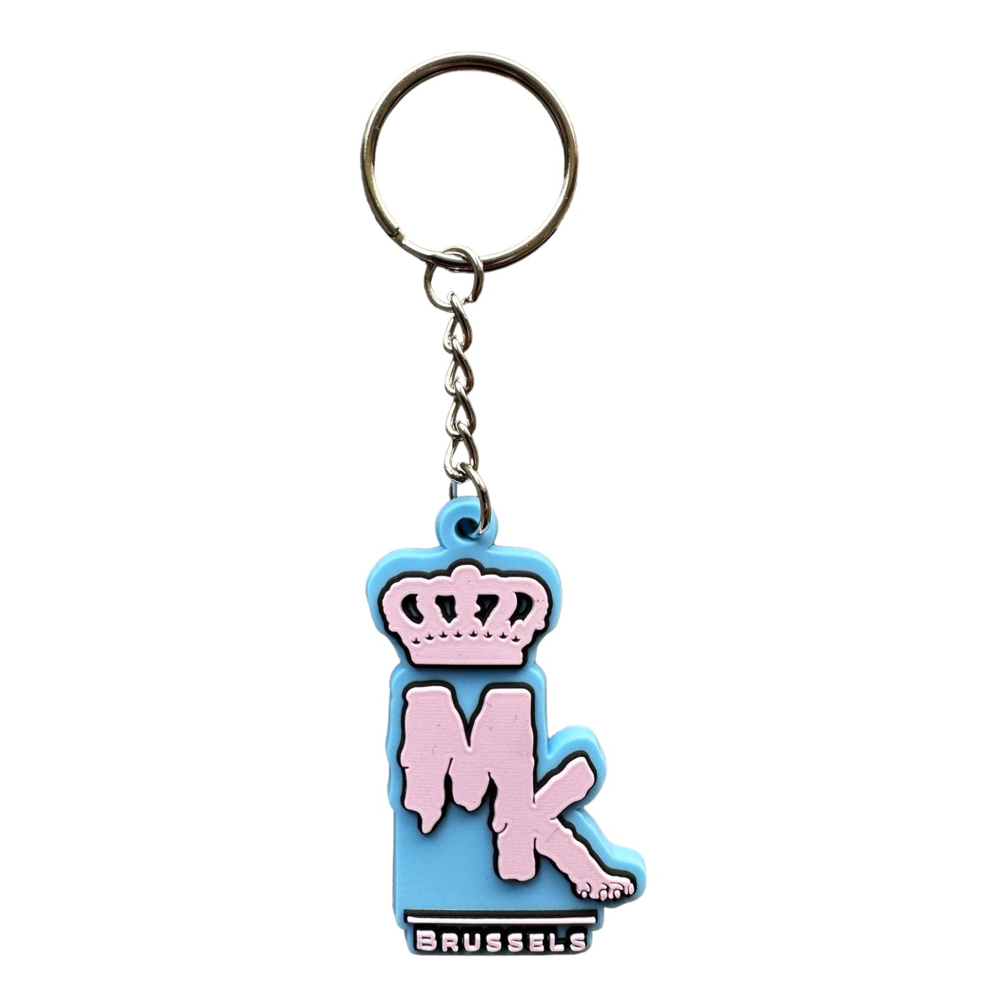 Porte-clés MK Brussels Magic King bleu aqua avec logo face en relief et finition gluant
