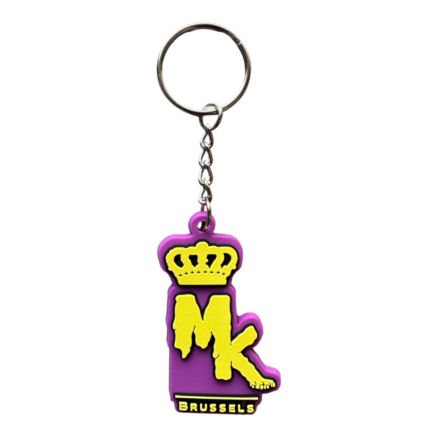 Porte-clés MK Brussels Magic King mauve face avec logo en relief et finition gluant