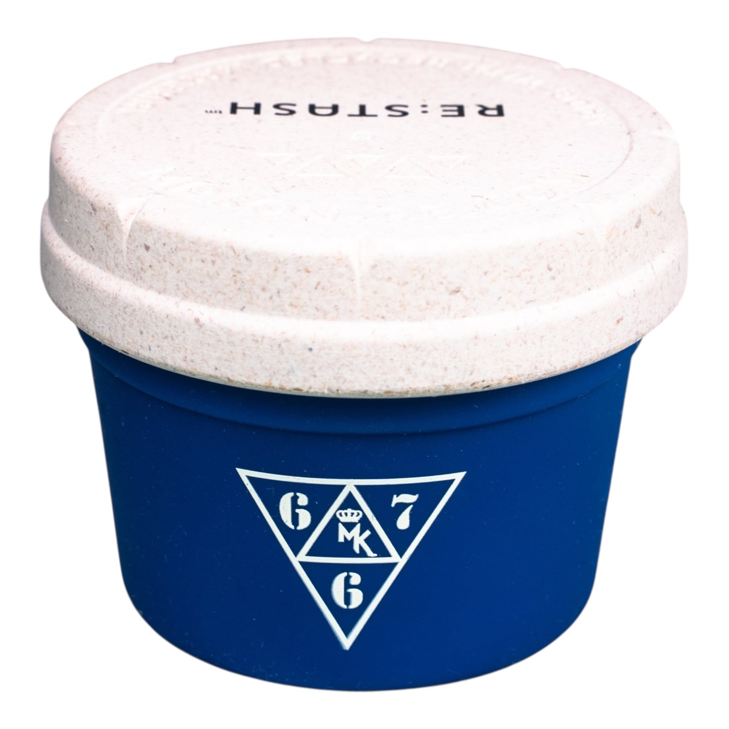 Pot Restash MK x 667 bleu – Vue de face, fermé avec logo imprimé sur le couvercle