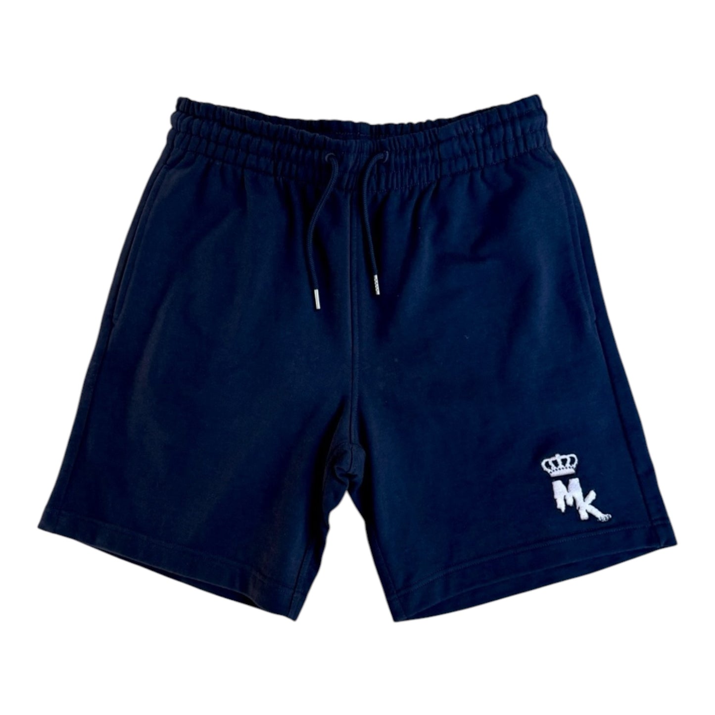 Short Magic King bleu navy avec logo MK brodé rose pastel et poche arrière