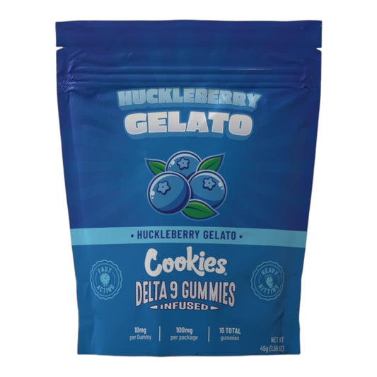 Paquet THC Gummies Cookies Huckleberry Gelato fermé, goût fruit des bois et crème glacée