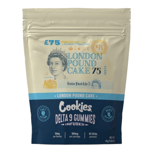 Paquet THC Gummies Cookies London Pound Cake fermé, arôme pâtisserie, Magic King