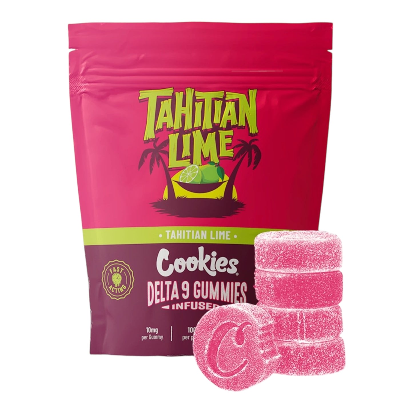 Gummies Tahitian Lime ouverts, visuel bonbons CBD Cookies, saveur fruitée
