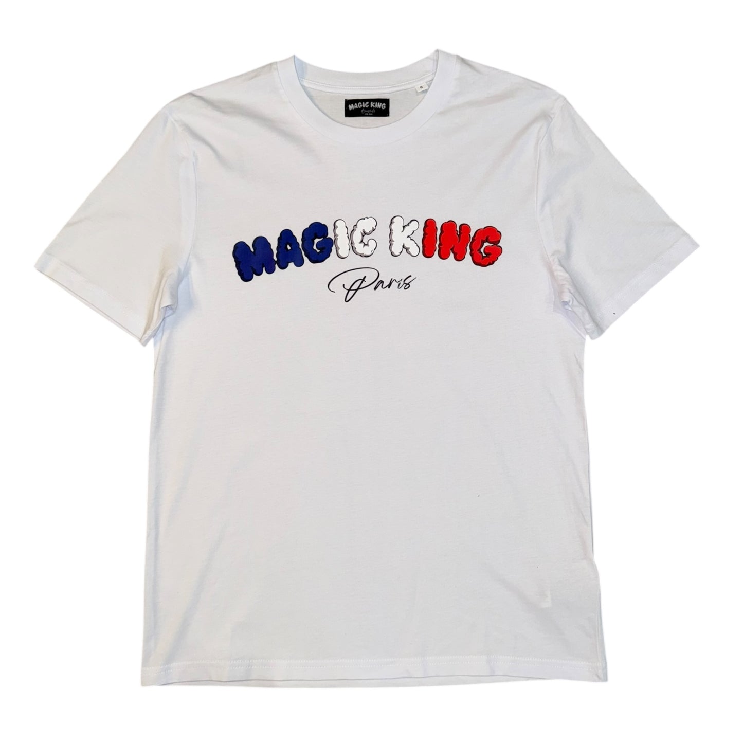 T-shirt MK Paris blanc – Magic King, coton premium 180g, logo sérigraphié effet fumée, fabriqué au Portugal.
