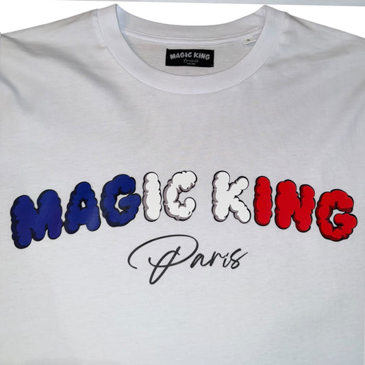 T-shirt MK Paris blanc – Magic King, coton premium 180g, logo sérigraphié effet fumée, fabriqué au Portugal.