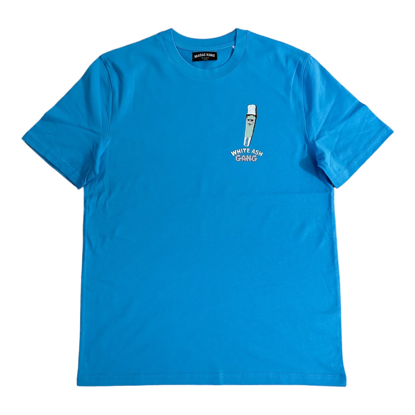 T-shirt Magic King White Ash Gang Bleu Aqua en coton biologique lavé 180g, face.