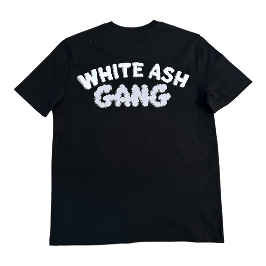 T-shirt Magic King White Ash Gang noir en coton bio lavé avec manches montées, dos.