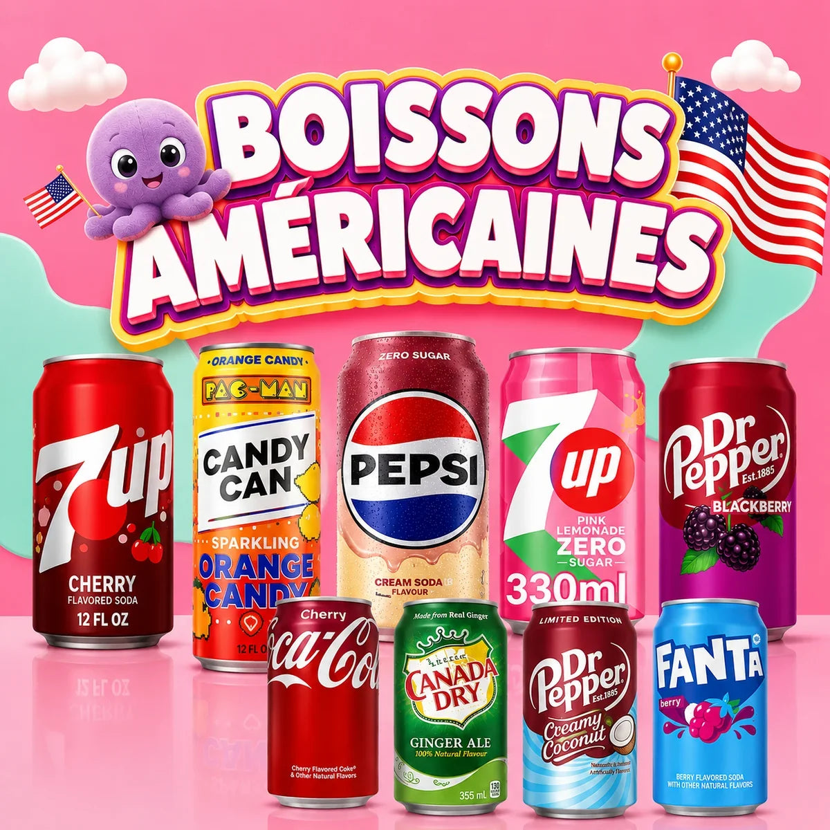 Collection de boissons Magic King Paris avec sodas américains, jus de fruits, thés glacés et boissons énergisantes