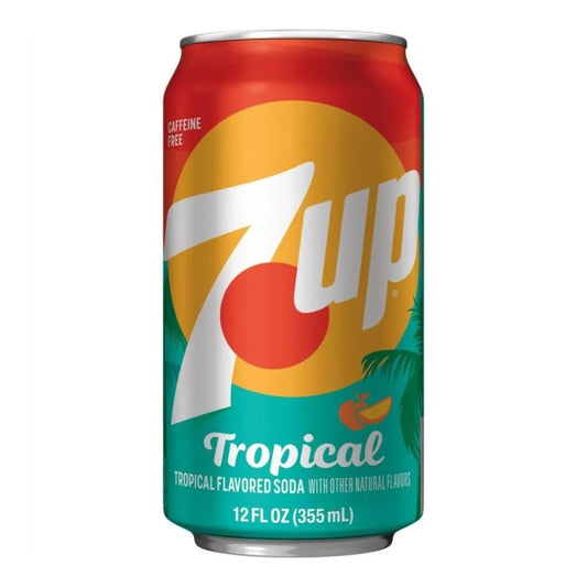 7UP Tropical 355ml en canette – soda pétillant aux saveurs de fruits tropicaux et d'agrumes