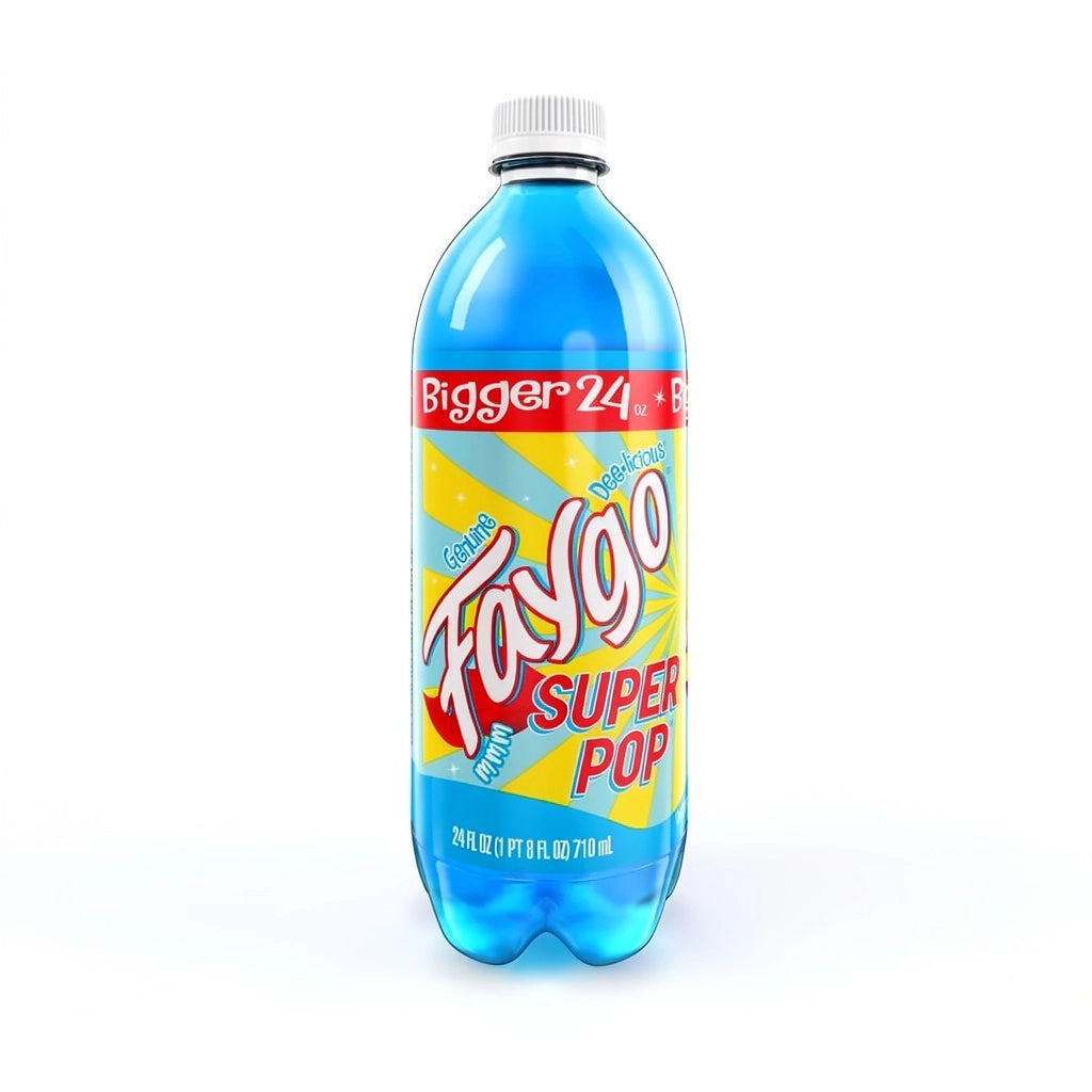 Faygo Super Pop 710ml – bouteille de soda américain bleu pétillant aux saveurs fruitées, inspiré de la glace Superman.