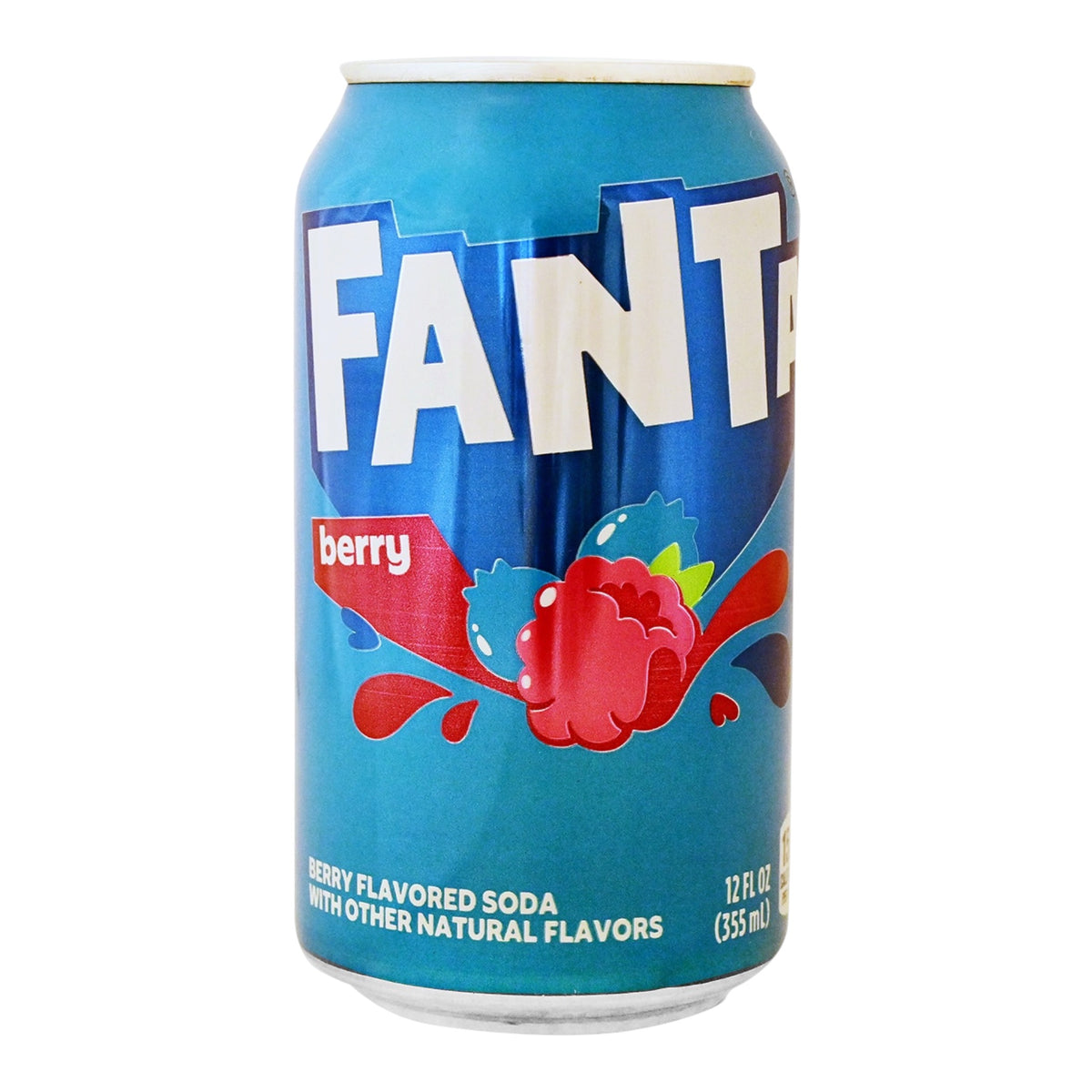 Fanta Berry 355ml – canette bleue de soda américain pétillant aux saveurs de fruits rouges.