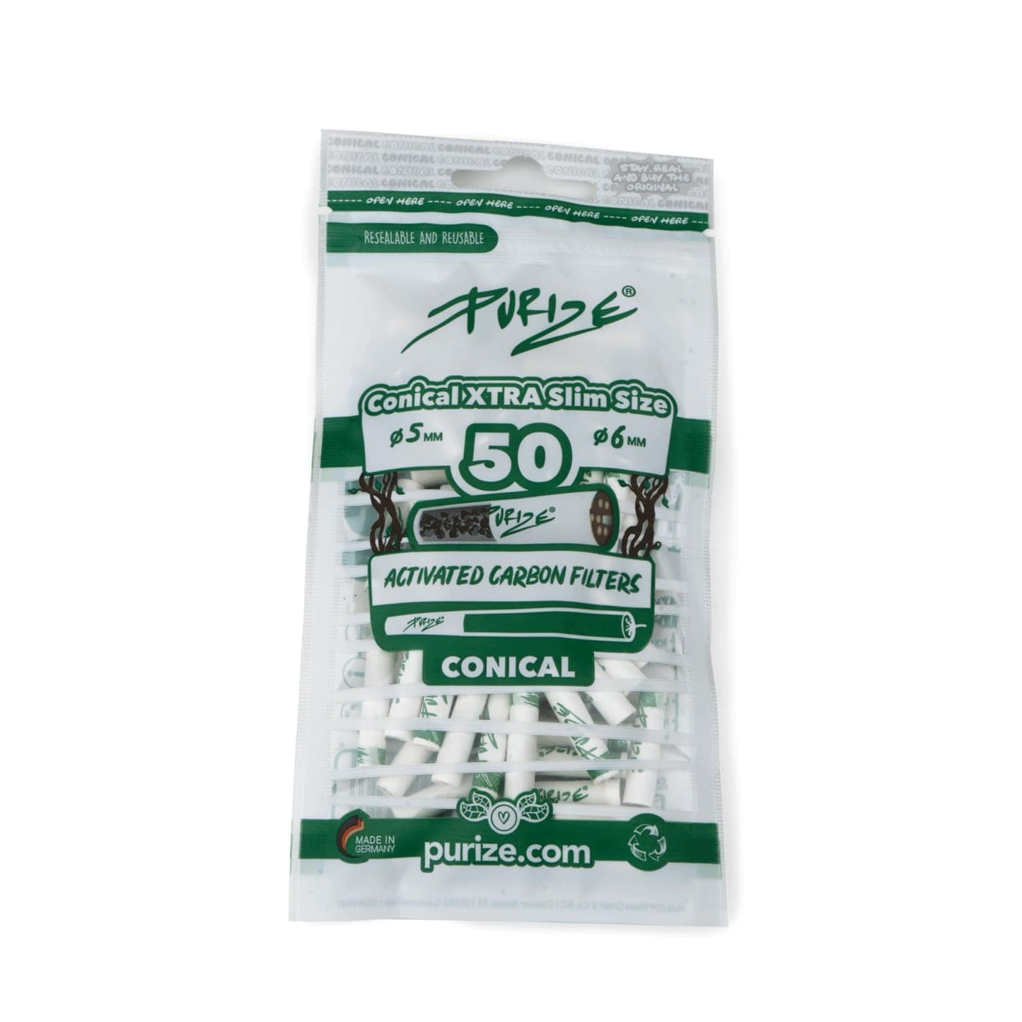 Sachet de 50 filtres à charbon actif coniques Purize Xtra Slim 6mm blancs