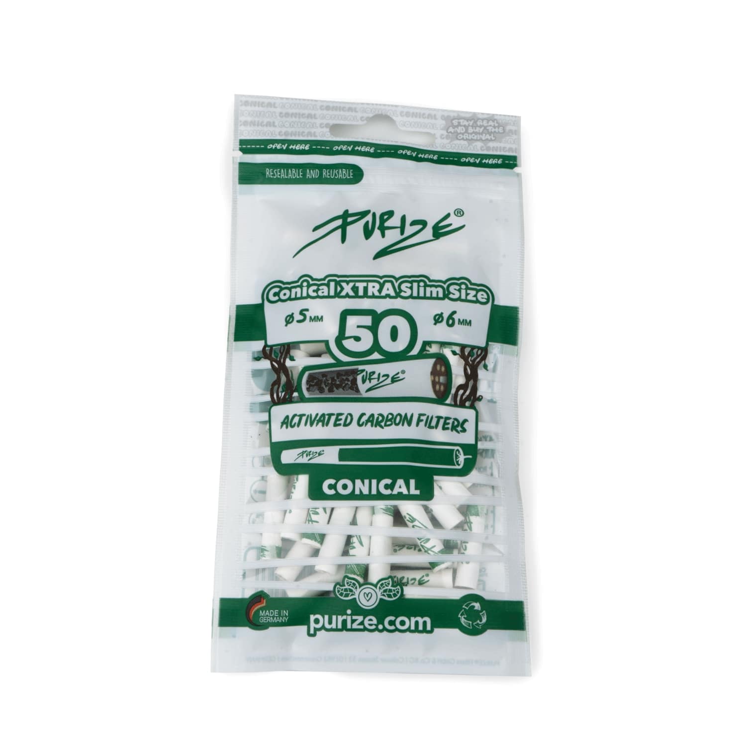 Sachet de 50 filtres à charbon actif coniques Purize Xtra Slim 6mm blancs
