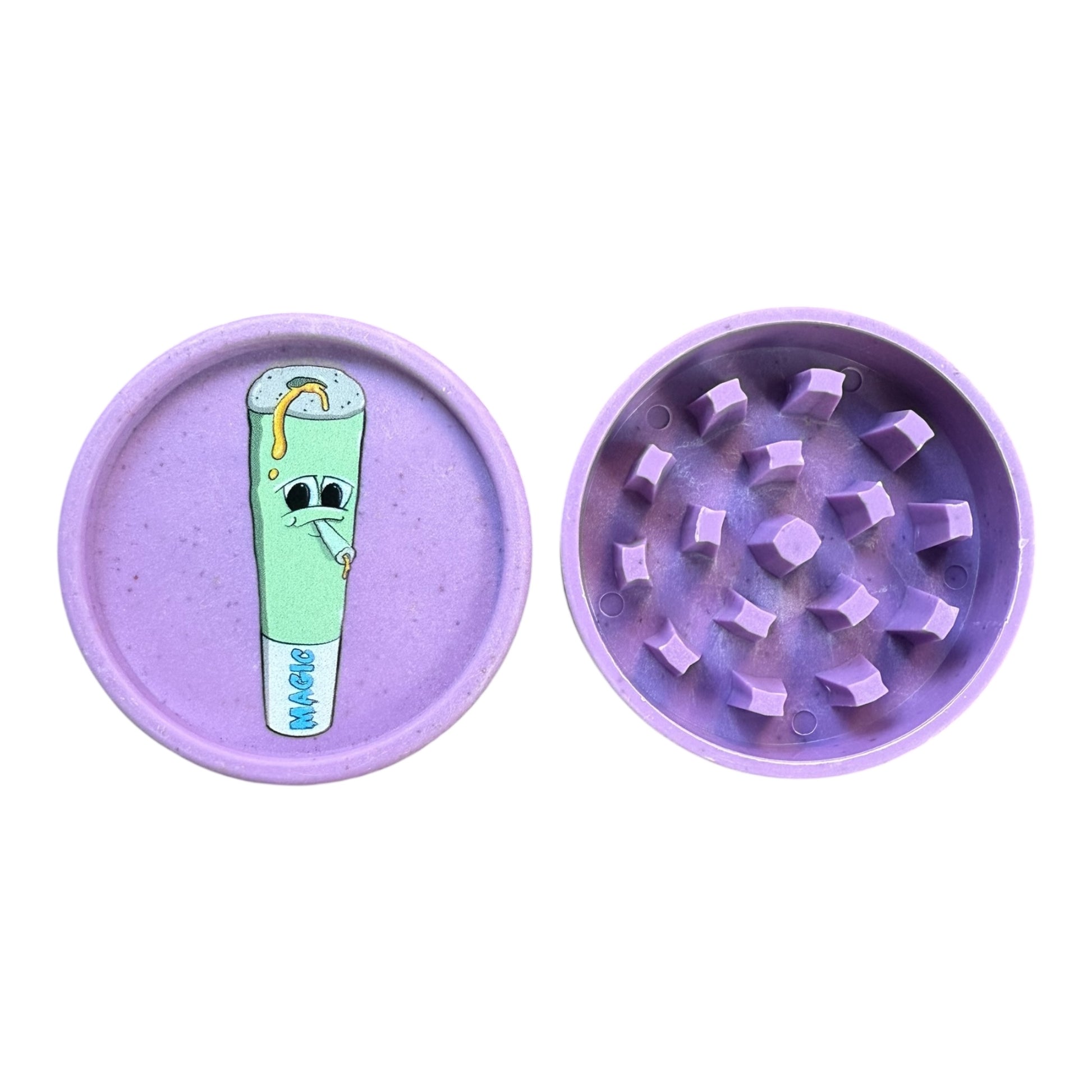 Grinder chanvre mauve Magic Donuts, ouvert dos avec intérieur et motif visible