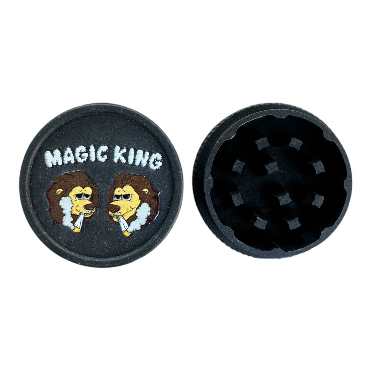 Grinder ouvert noir en chanvre Magic King, motif Lions Smoking, 2 pièces écoresponsables