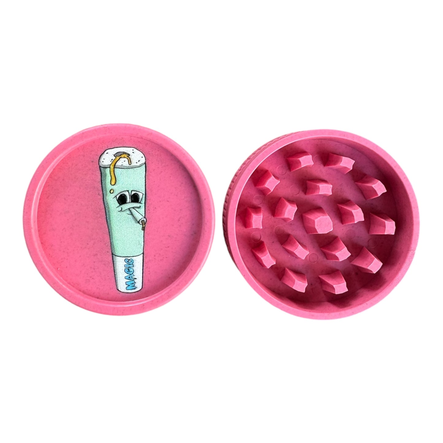 Grinder Magic King rose ouvert – face visible – compartiments et dents en chanvre biodégradable