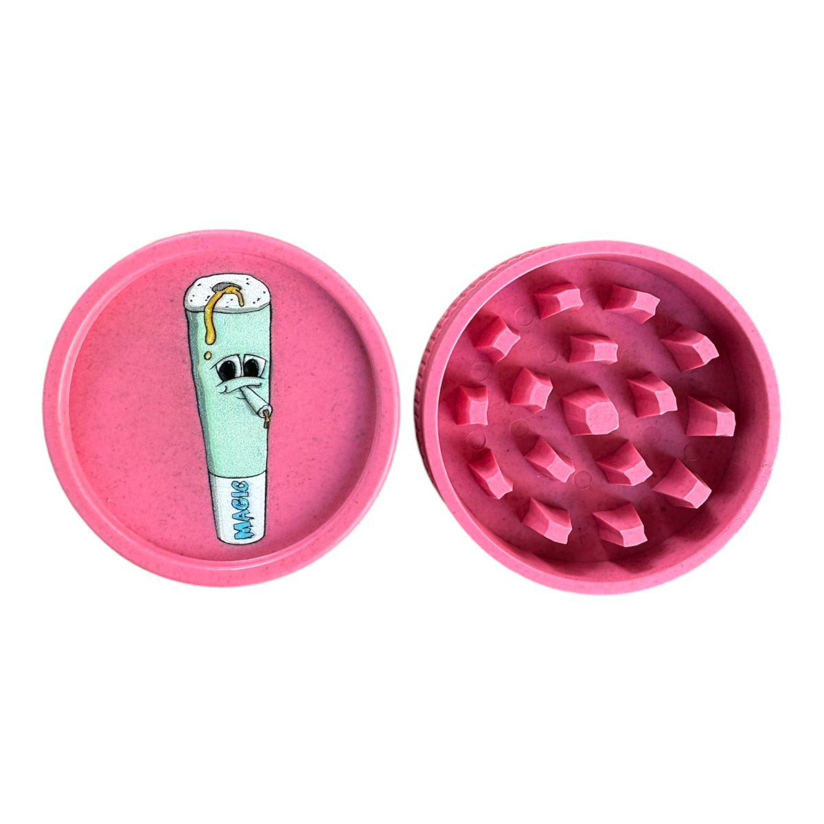 Grinder Magic King rose ouvert – face visible – compartiments et dents en chanvre biodégradable