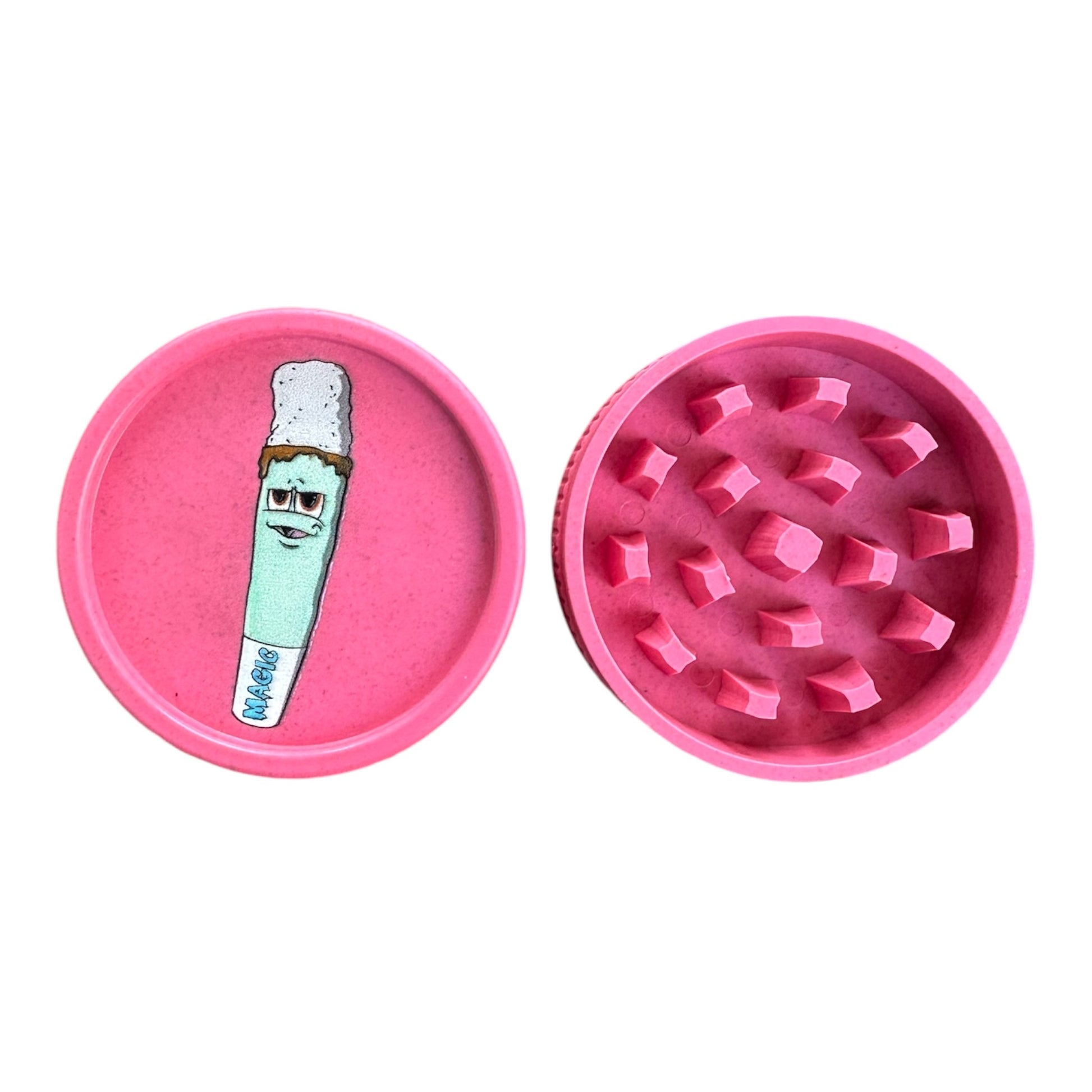 Grinder en chanvre rose Magic King – Ouvert, vue de face avec intérieur fonctionnel