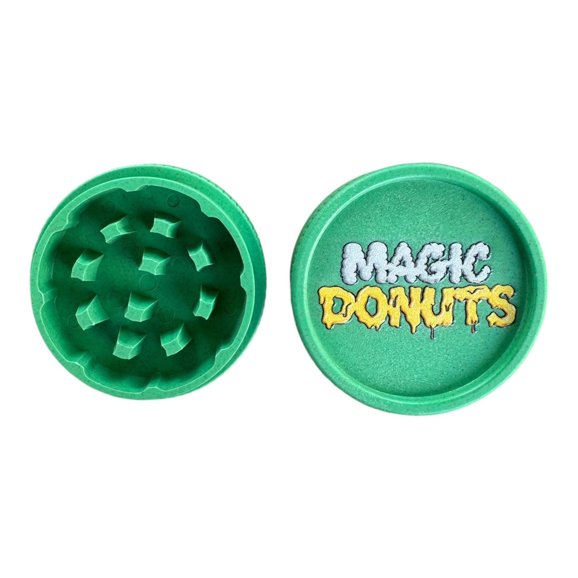Vue arrière ouverte du grinder vert Magic Donuts – tamis et réservoir en chanvre biodégradable