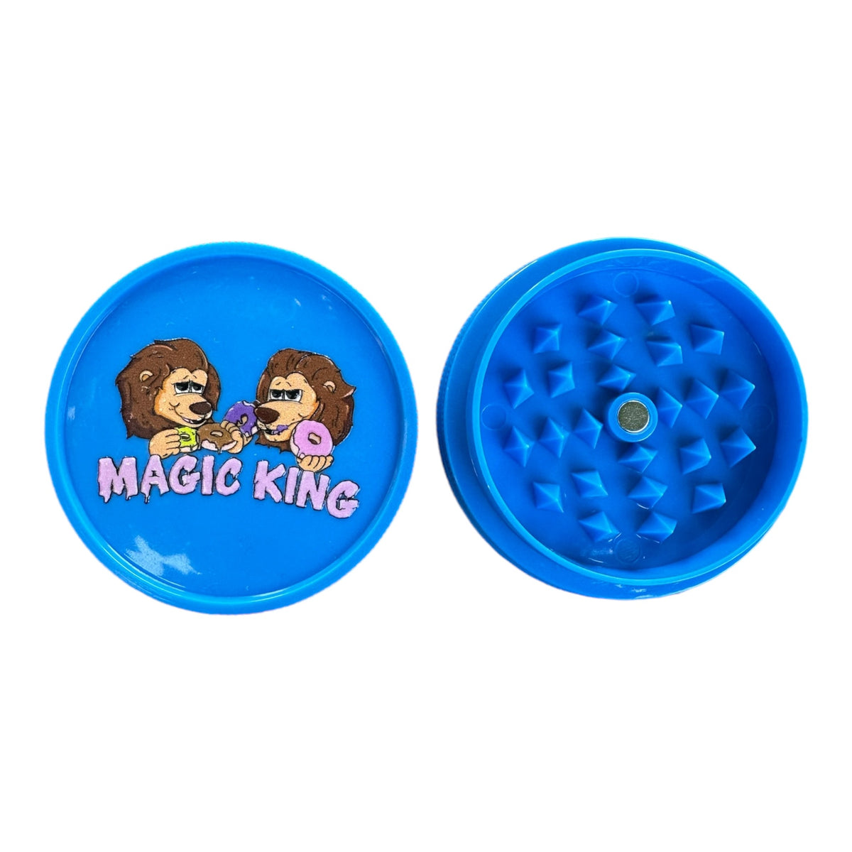 Grinder plastique ouvert bleu Magic King 2 pièces, design Lions Donuts imprimé sur les deux faces
