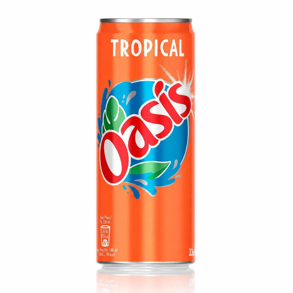 Oasis Tropical 33cl en canette – boisson fruitée sans bulles aux saveurs de fruits exotiques