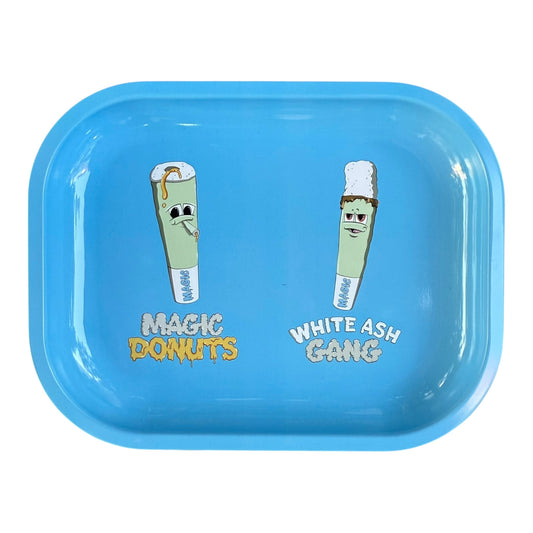 Plateau en métal bleu Magic King format small, design Magic Donuts vs White Ash Gang, vue de face
