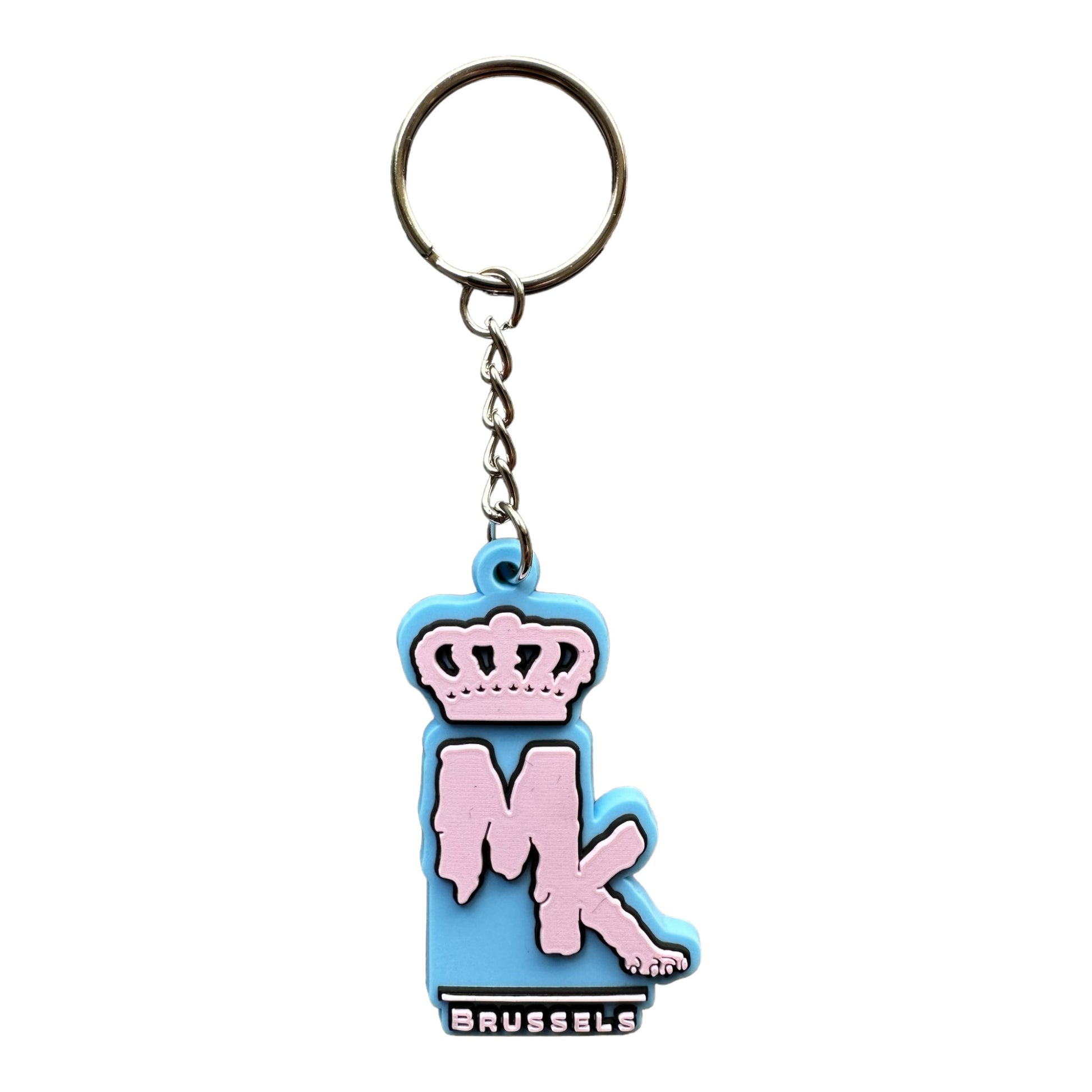 Porte-clés MK Brussels Magic King bleu aqua avec logo face en relief et finition gluant