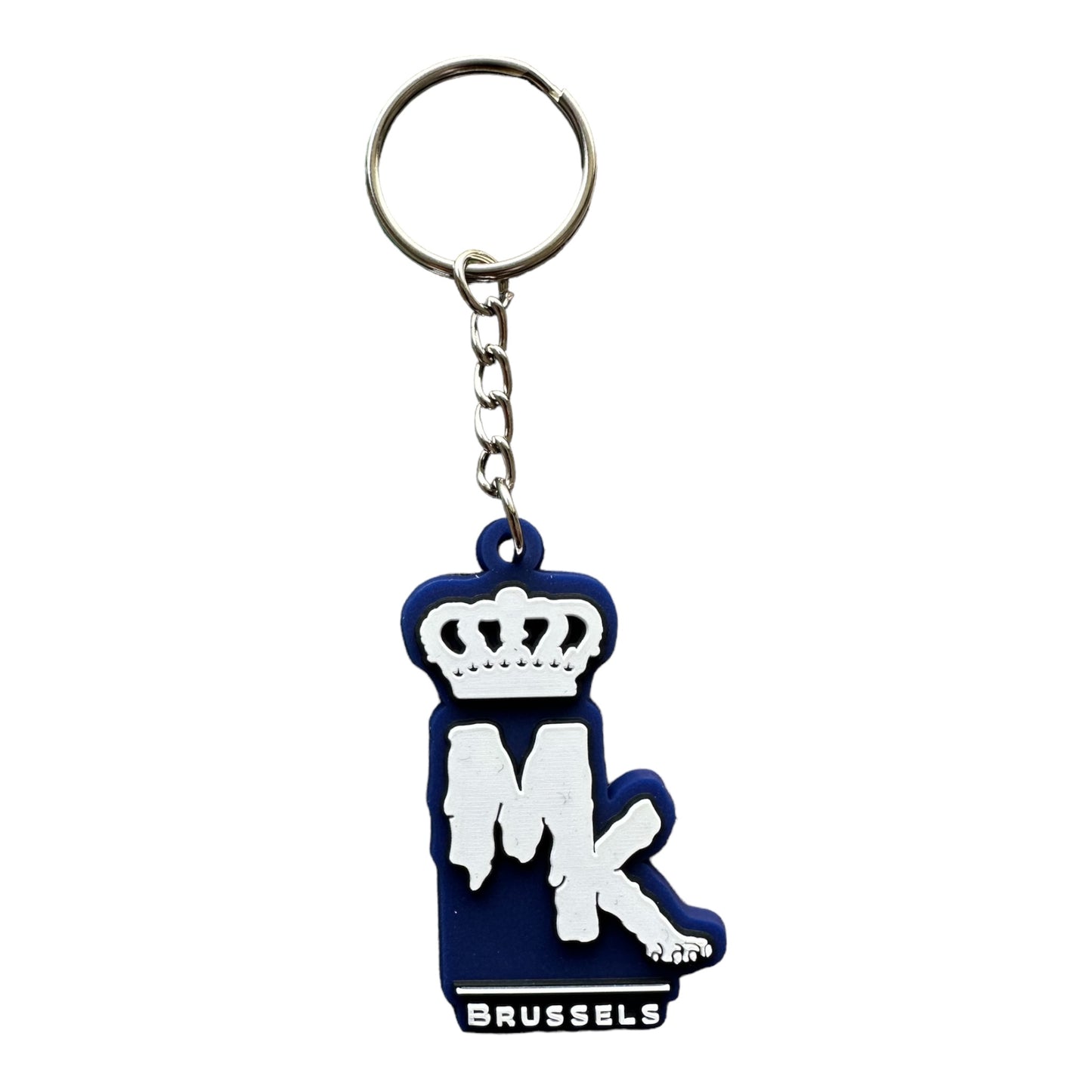 Porte-clés MK Brussels Magic King bleu royal face avec logo en relief et finition gluant