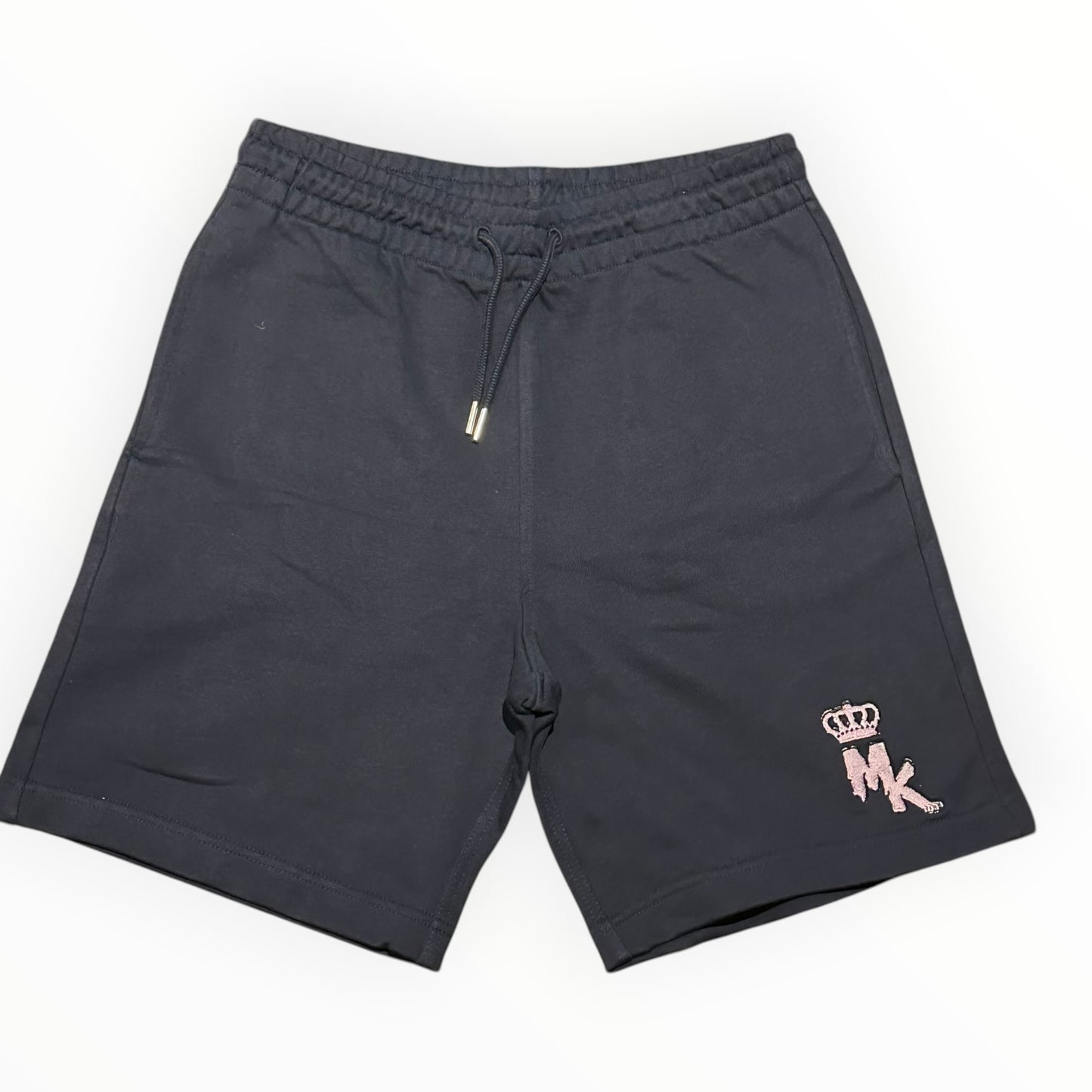 Short Magic King Bleu Navy en tissu épais avec logo MK brodé Rose Pastel