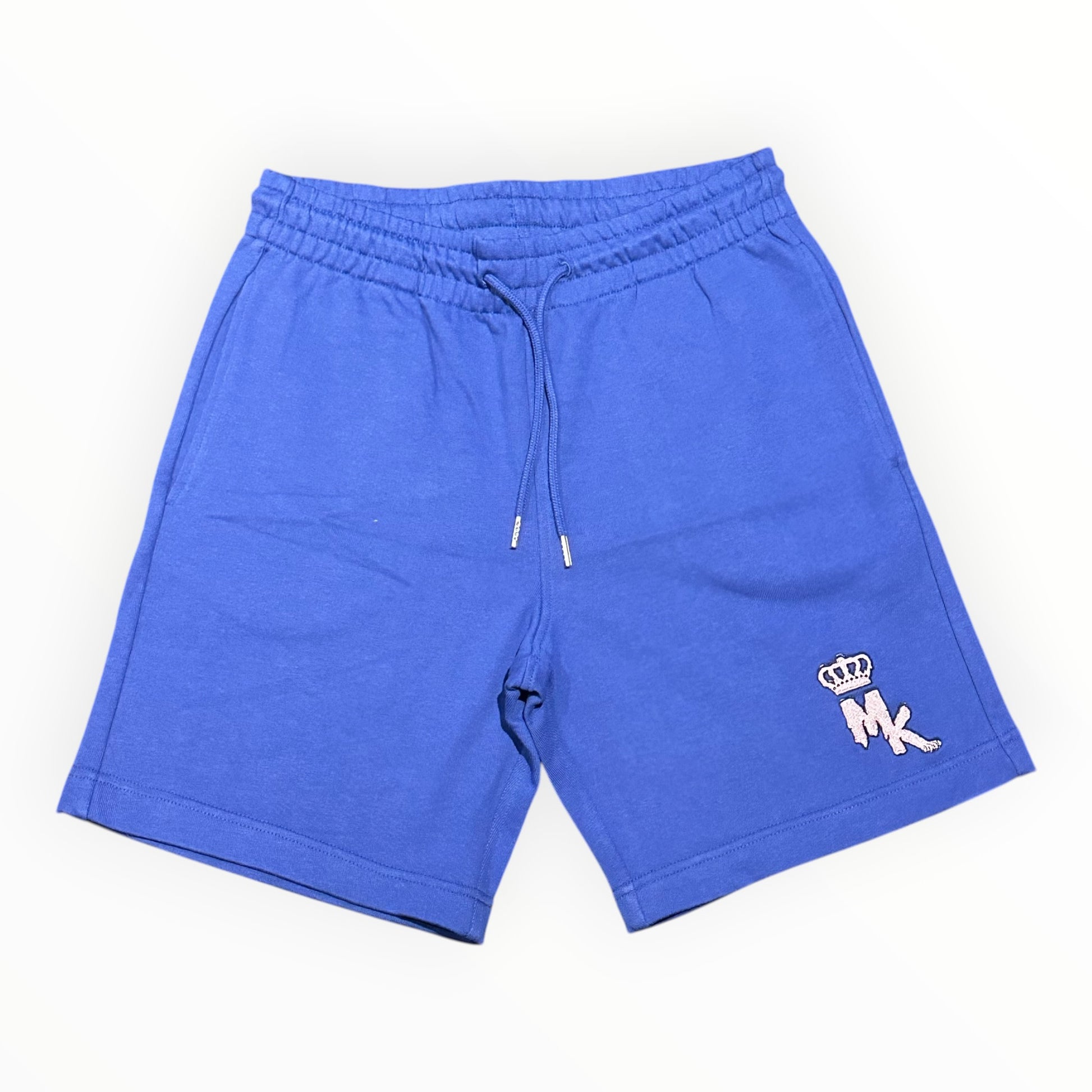 Short Magic King Bleu Royal en tissu épais avec logo MK brodé Rose Pastel