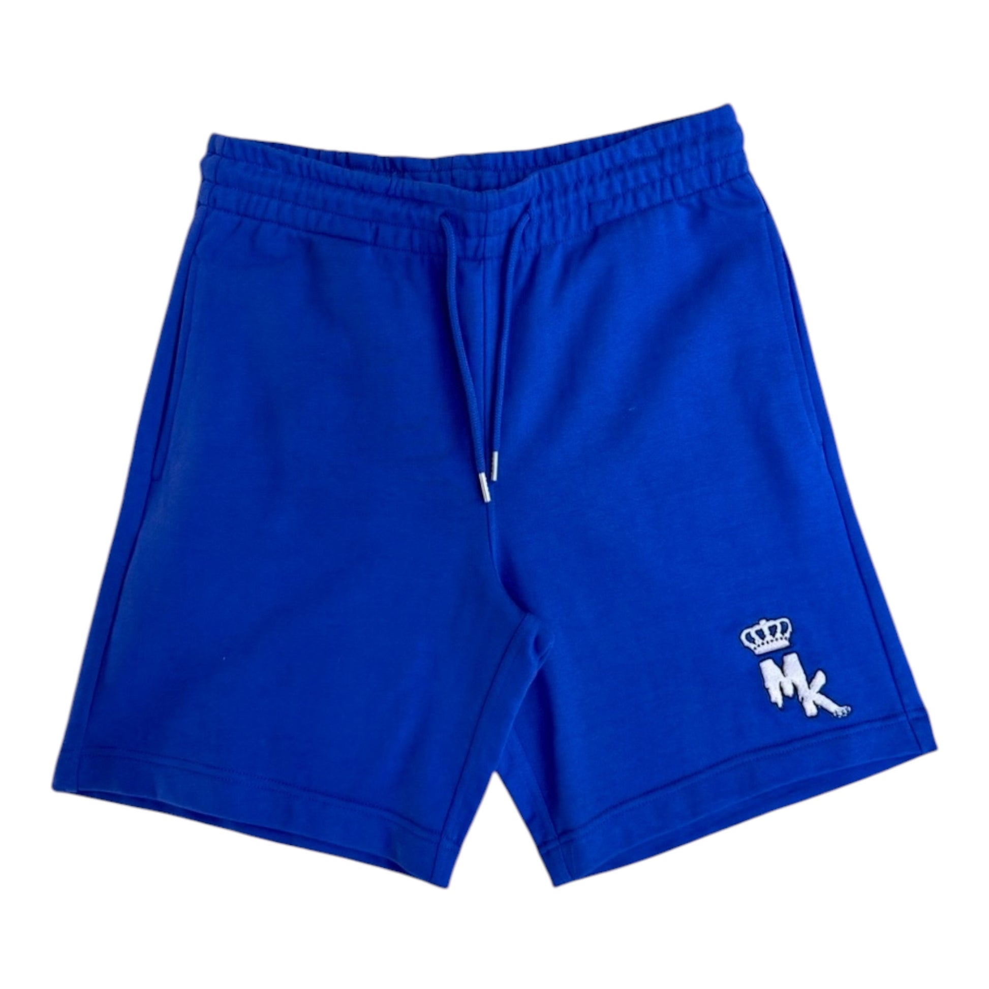 Short Magic King bleu royal avec logo MK brodé rose pastel et poche arrière