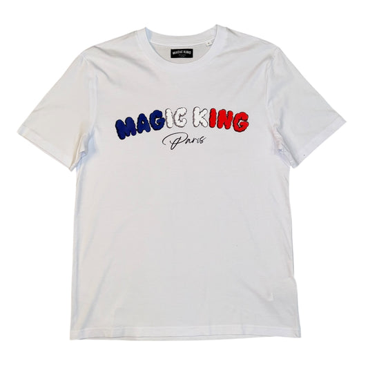 T-shirt MK Paris blanc – Magic King, coton premium 180g, logo sérigraphié effet fumée, fabriqué au Portugal.