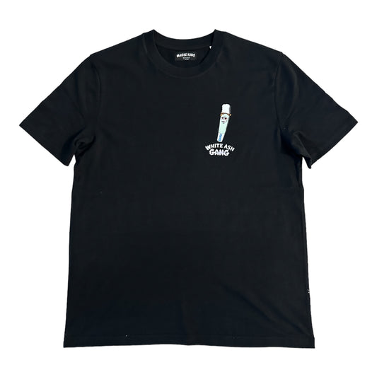 T-shirt Magic King White Ash Gang noir en coton bio lavé avec manches montées, face.